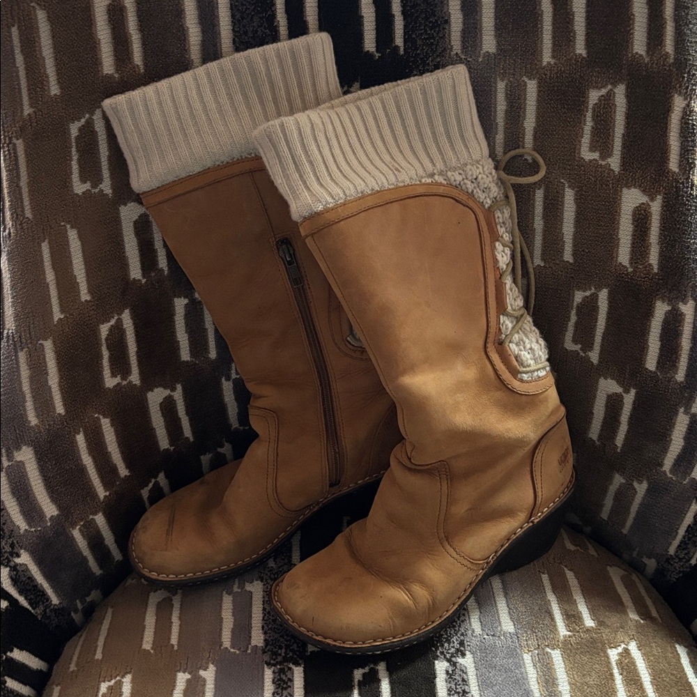 UGG Brown and Cream Knit Cuff Boots